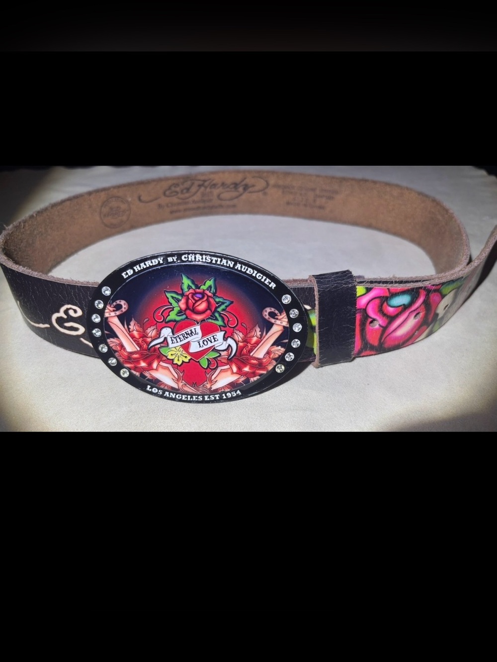Vintage Ed Hardy Genuine Leather Belt–Rhinestone Buckle w/Eternal Love Sz S / 38